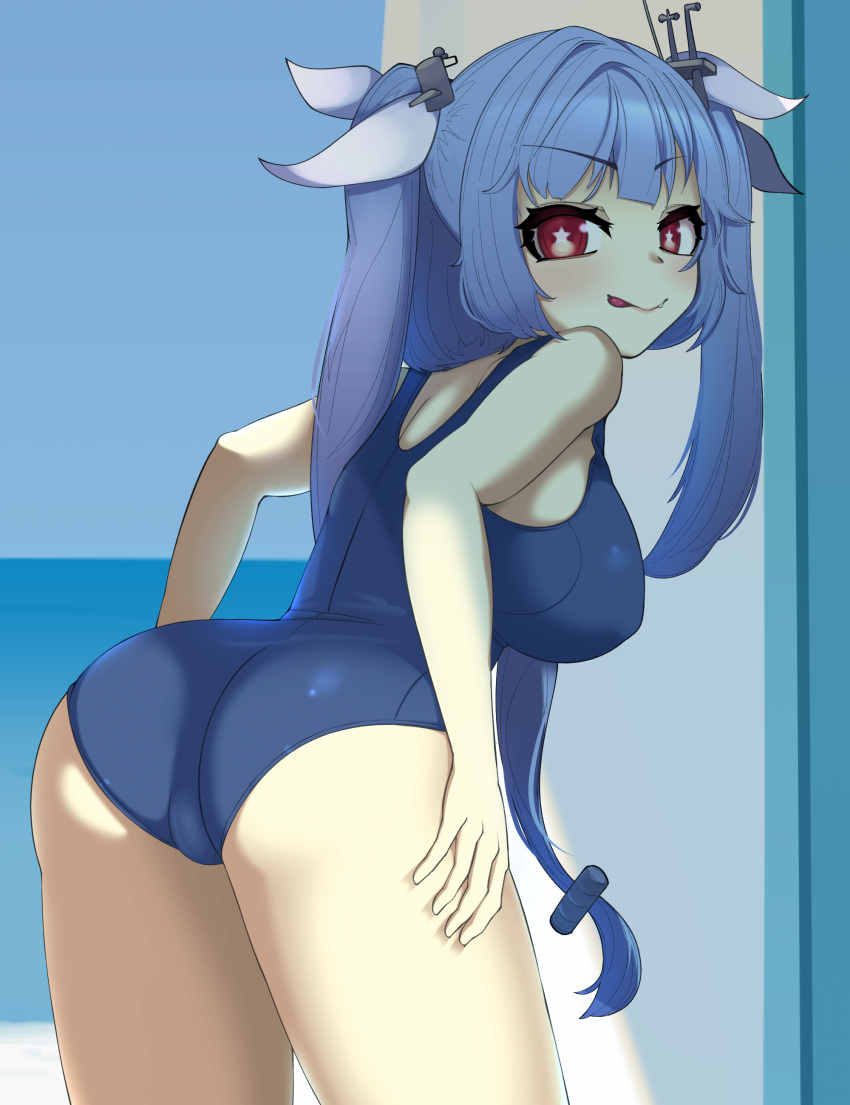 1girl :p absurdres ass blue_hair breasts hair_ribbon highres i-19_(kancolle) indoors kantai_collection large_breasts locker locker_room long_hair one-piece_swimsuit red_eyes ribbon school_swimsuit solo star-shaped_pupils star_(symbol) swimsuit symbol-shaped_pupils tongue tongue_out tri_tails yonao