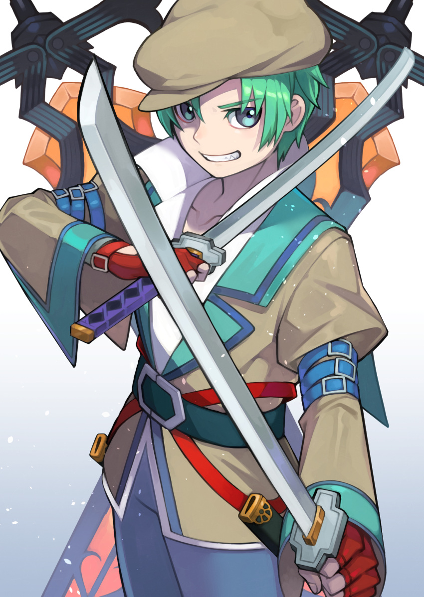 1boy arm_belt belt blue_eyes blue_pants brown_headwear brown_jacket cabbie_hat collarbone dual_wielding durandal_(tales) fingerless_gloves gloves green_hair grin hat highres holding holding_sword holding_weapon jacket light_particles long_sleeves male_focus nyagaichi pants partially_unbuttoned popped_collar puffy_sleeves red_gloves shirt short_hair smile spada_belforma sword tales_of_(series) tales_of_innocence weapon white_shirt