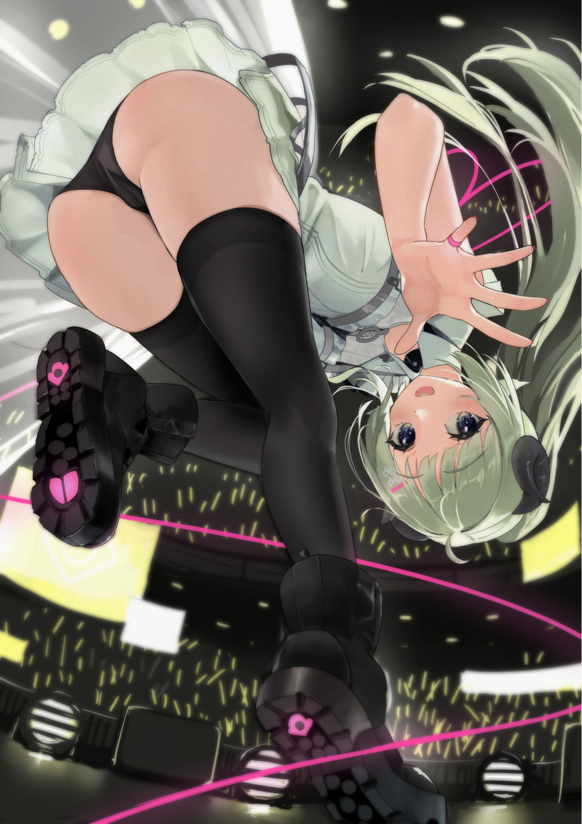 1girl ahoge alternate_hair_color animal_ears ass bent_over black_footwear black_panties black_thighhighs concert curled_horns dress from_below green_hair hashtag_only_commentary highres hololive horns long_hair mochiyuki_(gigfor1) official_alternate_costume official_alternate_hairstyle overskirt panties ponytail see-through_skirt_layer sheep_ears sheep_girl sheep_horns stage standing standing_on_one_leg string string_of_fate thighhighs thighs tsunomaki_watame tsunomaki_watame_(watame_night_fever!!) underwear very_long_hair virtual_youtuber white_dress