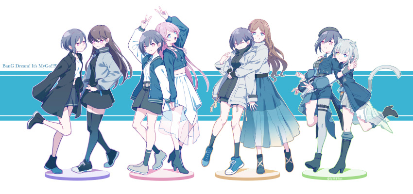 5girls :d absurdres animal_ears arm_up bang_dream! bang_dream!_it's_mygo!!!!! belt black_dress black_footwear black_hair black_skirt black_socks black_thighhighs blue_eyes blush brown_hair cat_ears cat_tail chihaya_anon closed_mouth commentary copyright_name cropped_jacket dress embarrassed grey_eyes grey_footwear grey_hair grey_jacket heterochromia highres holding_hands hug hug_from_behind incredibly_absurdres interlocked_fingers jacket jhcrow3 kaname_raana long_hair long_sleeves looking_at_viewer midriff multiple_girls mygo!!!!!_(bang_dream!) nagasaki_soyo open_clothes open_jacket open_mouth pink_eyes pink_hair puffy_long_sleeves puffy_sleeves see-through see-through_skirt shiina_taki shirt_tucked_in shoes short_shorts shorts skirt smile sneakers socks tail takamatsu_tomori thighhighs v wavy_hair white_belt white_hair yellow_eyes