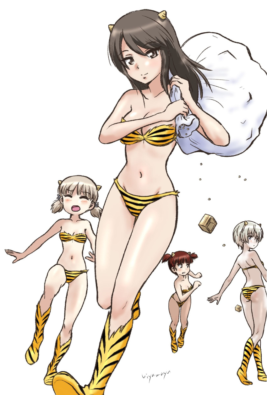 4girls absurdres aki_(girls_und_panzer) animal_print ass bikini blonde_hair blue_eyes blush breasts brown_eyes brown_hair cleavage closed_eyes closed_mouth fake_horns girls_und_panzer highres hiyama_yuu_(wee259hiyama) horns large_breasts long_hair looking_at_viewer mika_(girls_und_panzer) mikko_(girls_und_panzer) multiple_girls navel open_mouth running sack setsubun signature simple_background small_breasts smile swimsuit tiger_print tiger_stripes twintails white_background youko_(girls_und_panzer)