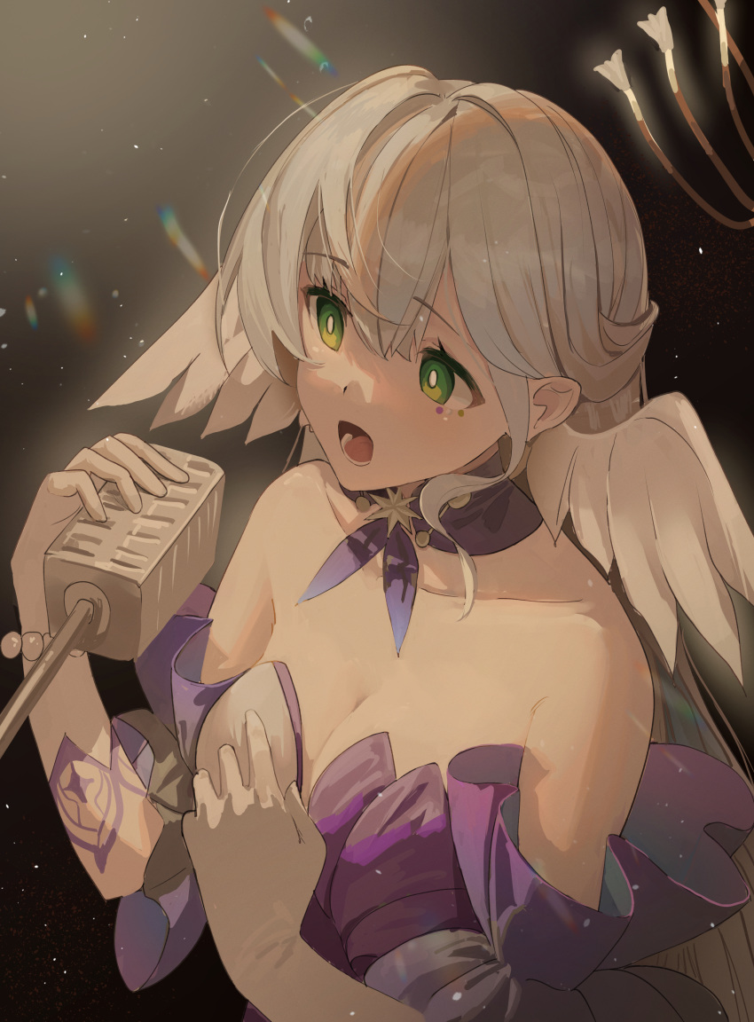 1girl absurdres bead_necklace beads breasts cleavage commentary_request detached_sleeves dress gloves green_eyes grey_hair head_wings highres honkai:_star_rail honkai_(series) jewelry long_hair miaooon necklace open_mouth robin_(honkai:_star_rail) short_sleeves solo strapless strapless_dress upper_body very_long_hair white_gloves wings