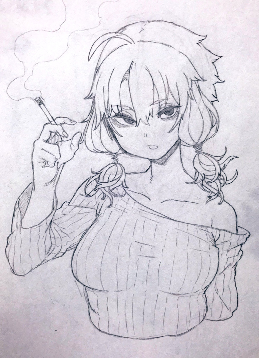 1girl alternate_breast_size alternate_costume arm_at_side bags_under_eyes between_fingers breasts cigarette collarbone commentary_request cropped_torso graphite_(medium) greyscale half-closed_eyes hand_up highres holding holding_cigarette long_sleeves looking_at_viewer medium_breasts monochrome off_shoulder open_mouth ribbed_shirt shirt short_hair_with_long_locks simple_background single_bare_shoulder smoke_trail solo toriniku29 traditional_media upper_body vocaloid voiceroid yuzuki_yukari
