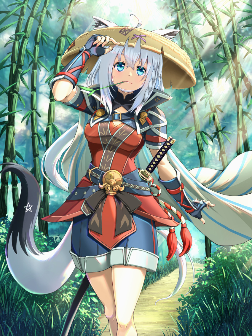 1girl ahoge alternate_costume animal_ears bamboo bamboo_forest black_gloves blue_eyes blue_shorts braid chiga_akira fingerless_gloves forest fox_ears fox_girl fox_tail gloves grey_hair highres hololive japanese_clothes japanese_hat katana long_hair looking_at_viewer nature shirakami_fubuki shorts single_braid smile solo sword tail virtual_youtuber weapon