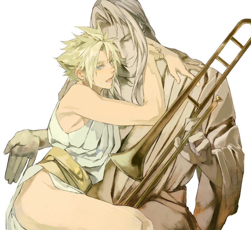 2boys alternate_universe angel's_trumpet arms_around_neck blonde_hair blue_eyes cloud_strife commentary final_fantasy final_fantasy_vii hands_on_another's_shoulder highres holding holding_instrument holding_trumpet instrument light_smile long_hair looking_back looking_down male_focus multiple_boys open_mouth parted_bangs robe sash sephiroth simple_background spiked_hair statue symbol-only_commentary trumpet upper_body white_background white_tunic xscr1205 yaoi yellow_sash