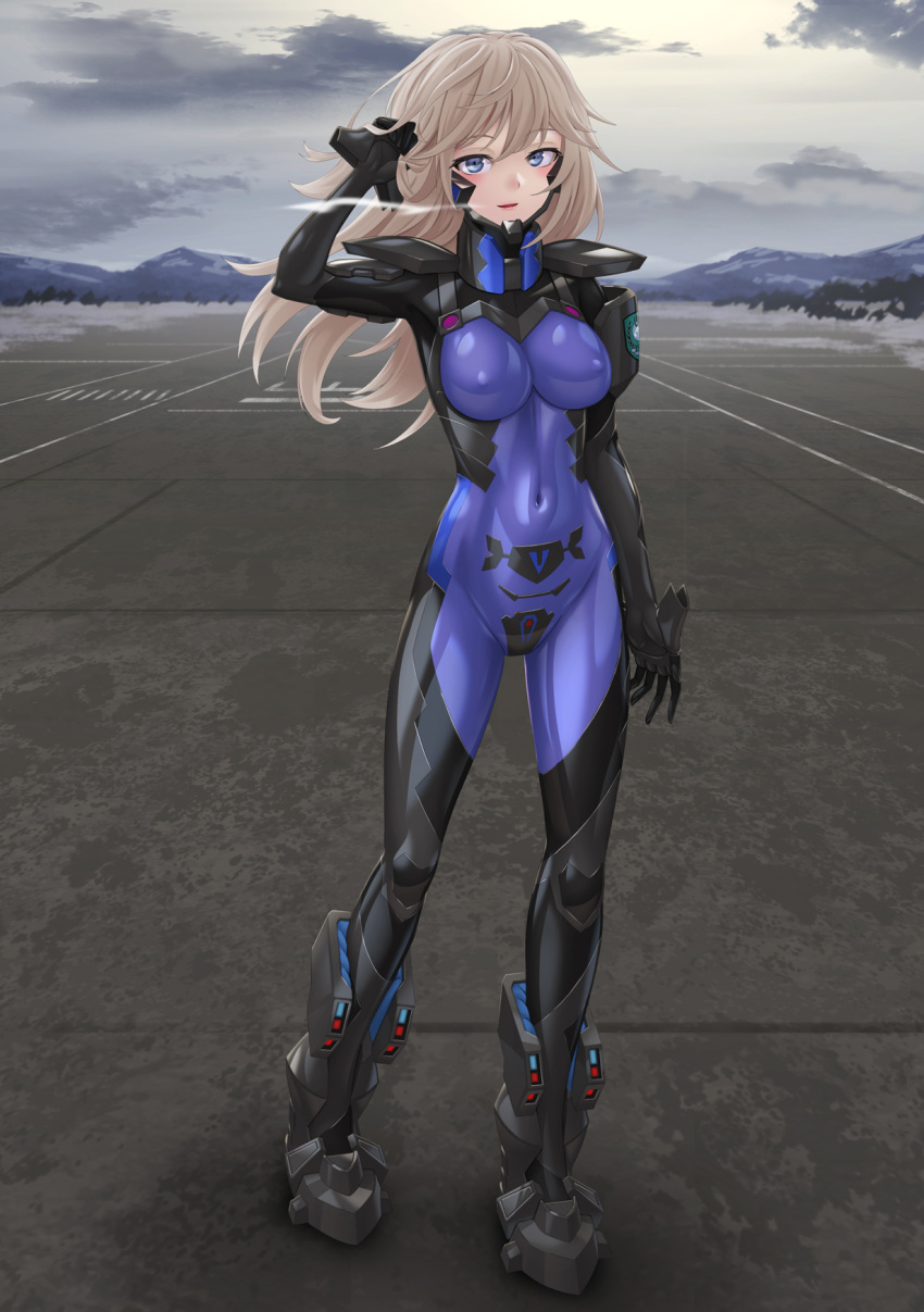 1girl alisa_ilinichina_amiella armored_bodysuit black_bodysuit blonde_hair blue_bodysuit blue_eyes bodysuit breasts breath cloud cloudy_sky commentary_request covered_navel covered_nipples fortified_suit full_body god_eater headgear highres impossible_bodysuit impossible_clothes kurione_(zassou) long_hair looking_at_viewer medium_breasts mountain muv-luv muv-luv_alternative runway shiny_clothes skin_tight sky solo standing wind wind_lift