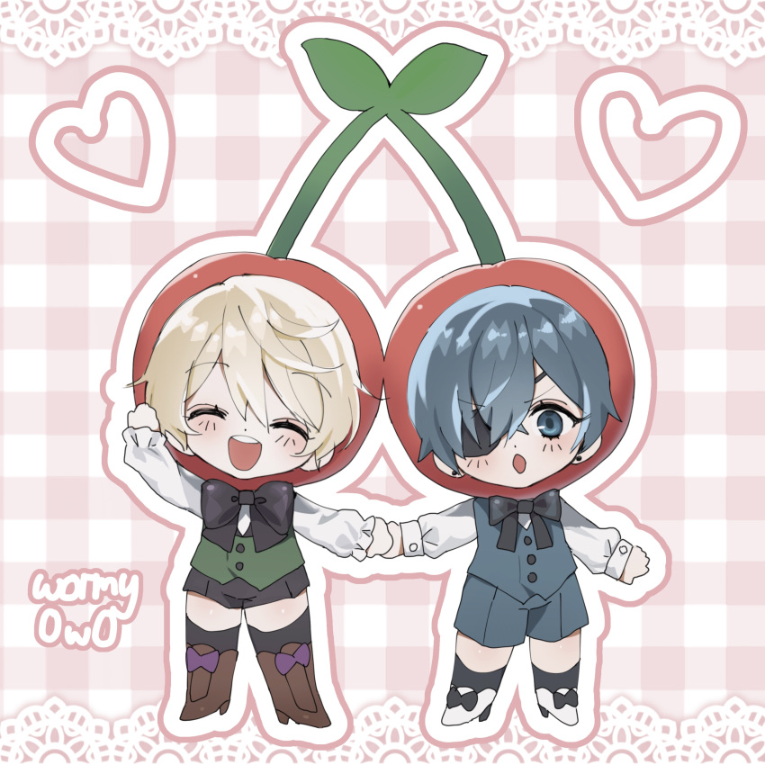 2boys :o ^_^ absurdres alois_trancy artist_name black_bow black_ribbon black_shorts black_socks blonde_hair blue_eyes blue_hair blue_shorts blue_vest boots bow brown_footwear cherry_hat chibi ciel_phantomhive closed_eyes commentary drawn_heart eyepatch footwear_bow green_vest hair_between_eyes hair_over_one_eye hand_up hat highres holding_hands kuroshitsuji lace male_focus multiple_boys open_mouth outline pink_background pink_outline plaid plaid_background purple_bow ribbon shirt shorts smile socks symbol-only_commentary vest victorian white_footwear white_outline white_shirt wormy_owo