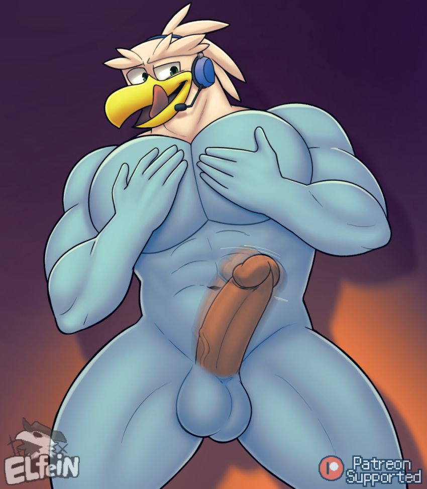 accipitrid accipitriform anthro avian balls big_muscles big_pecs big_penis bird blue_body eagle elfein genitals headgear headphones headset hi_res humanoid_genitalia humanoid_penis male muscular pecs penis sea_eagle sega soar_the_eagle solo sonic_boom sonic_the_hedgehog_(series) tongue tongue_out