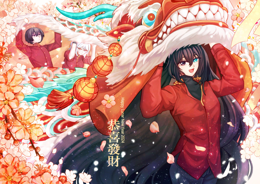 1girl 2024 2boys absurdres black_eyes black_hair blue_eyes chinese_clothes chinese_new_year chinese_text dragon eastern_dragon faust_(project_moon) flower gredell_elle heterochromia highres hong_lu_(project_moon) limbus_company long_hair medium_hair multiple_boys plant project_moon purple_eyes short_hair tagme yi_sang_(project_moon)