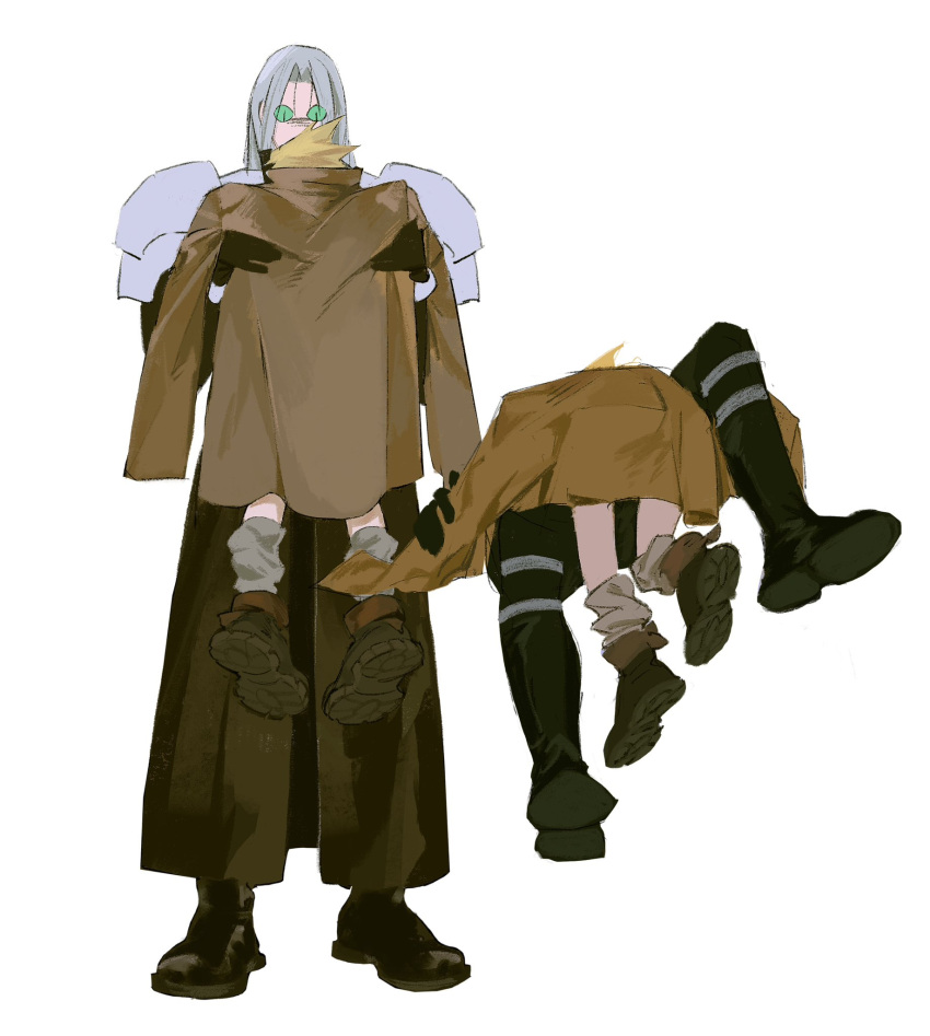 2boys age_difference aged_down armor black_coat black_footwear black_gloves blonde_hair boots brown_footwear brown_jacket carrying carrying_person chinese_commentary cloud_strife coat commentary_request couple facing_away final_fantasy final_fantasy_vii foot_up gloves grey_hair grey_socks highres jacket knee_boots knee_up kneehighs long_coat long_hair lying lying_on_person male_focus multiple_boys multiple_views no_sclera o_o on_back on_stomach onii-shota oversized_clothes pauldrons sephiroth short_hair shoulder_armor simple_background slit_pupils socks spiked_hair white_background xscr1205 yaoi