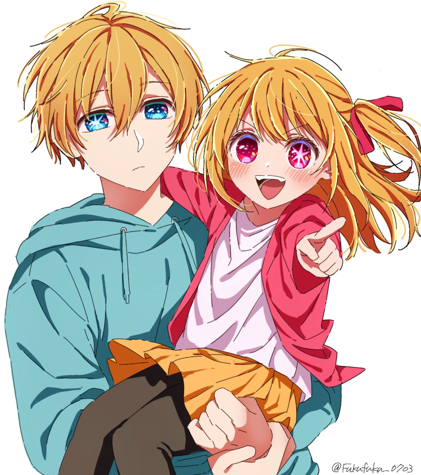 1boy 1girl :d aged_down arm_on_another's_shoulder black_pantyhose blonde_hair blue_eyes blue_hoodie blush brother_and_sister carrying child_carry closed_mouth commentary double-parted_bangs drawstring fuku_(fukufuku_0703) hair_between_eyes hair_ribbon highres holding_own_wrist hood hood_down hoodie hoshino_aquamarine hoshino_ruby jacket long_bangs looking_at_viewer medium_hair one_side_up open_clothes open_jacket open_mouth oshi_no_ko pantyhose pleated_skirt pointing pointing_at_viewer red_eyes red_jacket red_ribbon ribbon shirt short_hair siblings signature simple_background skirt smile star-shaped_pupils star_(symbol) swept_bangs symbol-shaped_pupils teeth twins twitter_username upper_body upper_teeth_only white_background white_shirt yellow_skirt