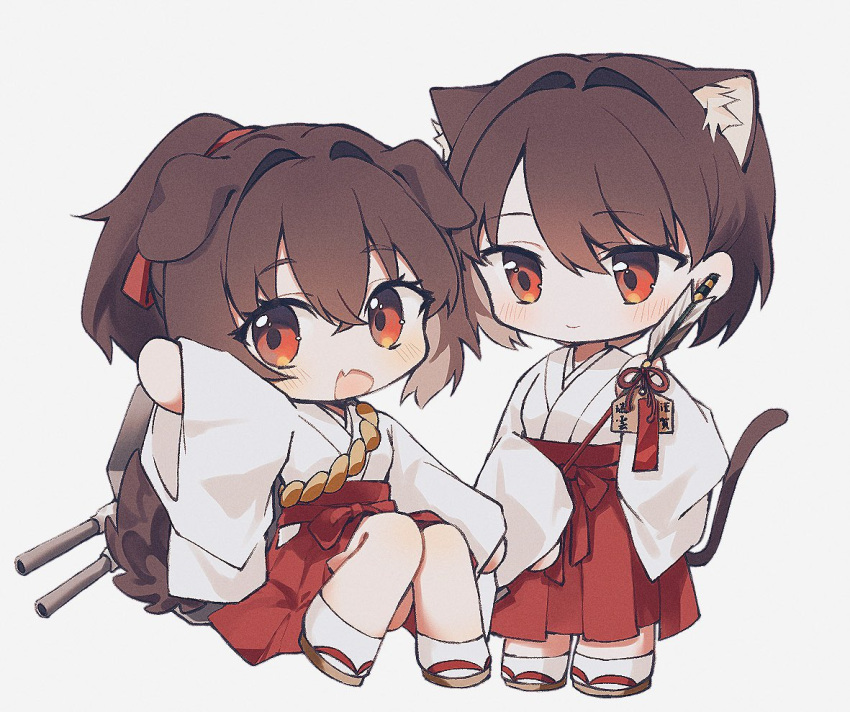 2girls alternate_costume animal_ear_fluff animal_ears arrow_(projectile) brown_hair cat_ears cat_girl cat_tail chibi closed_mouth commentary dog_ears dog_girl dog_tags fang grey_background hakama hamaya hyuuga_(kancolle) ise_(kancolle) japanese_clothes kantai_collection kazeshio kimono looking_at_viewer miko multiple_girls open_mouth ponytail red_eyes red_hakama short_hair simple_background skin_fang symbol-only_commentary tail turret white_kimono wide_sleeves