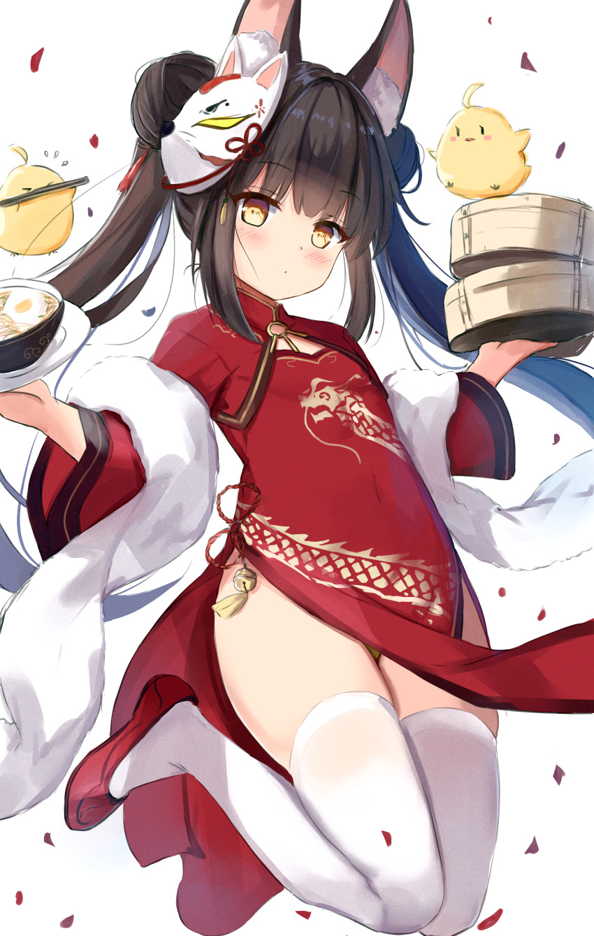 1girl absurdres alternate_costume animal_ears azur_lane breasts china_dress chinese_clothes chinese_commentary closed_mouth commentary_request dot_mouth double_bun dress fox_ears fox_girl hair_bun hamiro highres holding long_sleeves looking_at_viewer manjuu_(azur_lane) mask mask_on_head nagato_(azur_lane) panties pantyshot red_footwear shoes small_breasts solo thighhighs twintails underwear white_thighhighs yellow_panties