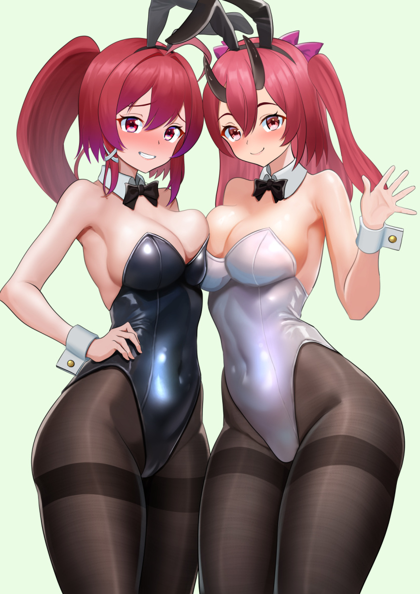 2girls ahoge alternate_costume animal_ears asymmetrical_docking black_bow black_bowtie black_leotard black_pantyhose bow bowtie brave_girl_ravens breast_press breasts character_request covered_navel crop_top detached_collar dorachan_r hand_on_own_hip highres horns i-168_(kancolle) kantai_collection large_breasts leotard long_hair multiple_girls pantyhose playboy_bunny ponytail rabbit_ears red_eyes red_hair simple_background strapless strapless_leotard thighband_pantyhose white_background white_leotard wrist_cuffs