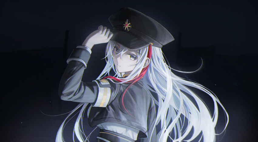 1girl 86_-eightysix- adjusting_clothes adjusting_headwear armband black_jacket breasts closed_mouth commentary cropped_jacket flippy_(cripine111) gloves grey_eyes hair_between_eyes hat highres jacket large_breasts long_hair looking_at_viewer military_hat military_jacket military_uniform multicolored_hair peaked_cap red_hair shirt solo streaked_hair underbust uniform vladilena_millize white_gloves white_hair white_shirt
