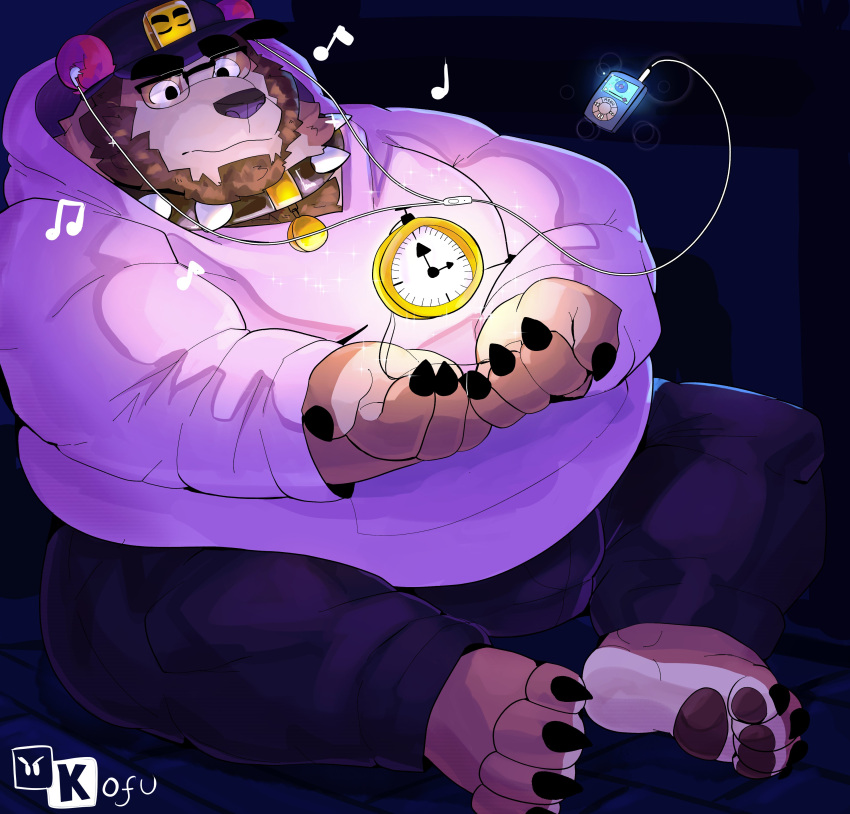 absurd_res anthro barefoot bear beard brown_bear brown_body brown_hair clock clothing electronics eyewear facial_hair fangs feet fur glasses grizzly_bear hair hat headgear headwear hi_res hoodie jewelry kofu_(character) kofu_grizzly_chubby male mammal music musical_note necklace overweight portable_music_player red_body red_fur simple_background solo teeth topwear ursine
