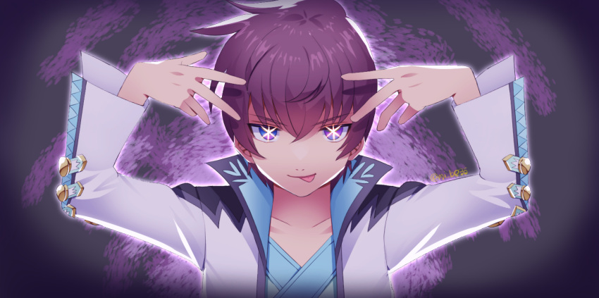 1girl :p asbel_lhant brown_hair closed_mouth coat collarbone hair_between_eyes high_collar idol_(yoasobi) long_sleeves looking_at_viewer mi_be35_(mirin) oshi_no_ko parody purple_eyes shirt short_hair smile solo star-shaped_pupils star_(symbol) symbol-shaped_pupils tales_of_(series) tales_of_graces tongue tongue_out upper_body white_coat