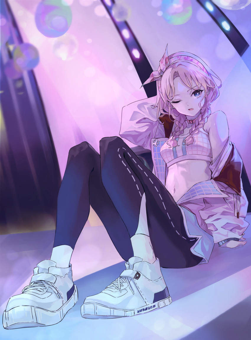 1girl absurdres arknights blue_eyes blue_pants blue_poison_(arknights) blue_poison_(shoal_beat)_(arknights) blue_shorts braid choker commentary_request crop_top hairband highres jacket knees_up leggings leggings_under_shorts long_hair long_sleeves looking_at_viewer midriff navel ntto off_shoulder official_alternate_costume one_eye_closed pants parted_lips pink_choker pink_hair pink_hairband pink_jacket shoes short_shorts shorts single_bare_shoulder sitting sneakers solo sports_bra stomach thighs twin_braids white_footwear