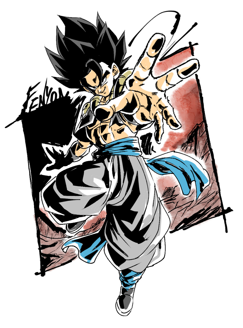 1boy abs black_eyes black_hair black_vest blue_sash dragon_ball dragon_ball_super dragon_ball_super_broly fenyon gogeta highres midriff muscular muscular_male outstretched_arm outstretched_hand pants sash solo spiked_hair vest white_pants