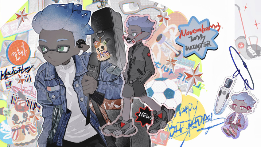 1boy 2023 ball black_footwear black_jacket black_mask black_shorts blue_hair character_charm charm_(object) chibi chibi_inset closed_mouth commentary dark-skinned_male dark_skin dated denim denim_jacket earrings facial_tattoo green_eyes guitar_case hands_in_pockets happy_birthday highres inkling inkling_boy inkling_player_character instrument_case izumi_087 jacket jewelry long_sleeves looking_to_the_side male_focus mask mimikyu mouth_mask november number_tattoo pointy_ears short_hair shorts single_earring soccer_ball solo splatana_stamper_(splatoon) splatoon_(series) star_(symbol) sticker sweater symbol-only_commentary tattoo tentacle_hair walking white_sweater zipper zipper_pull_tab