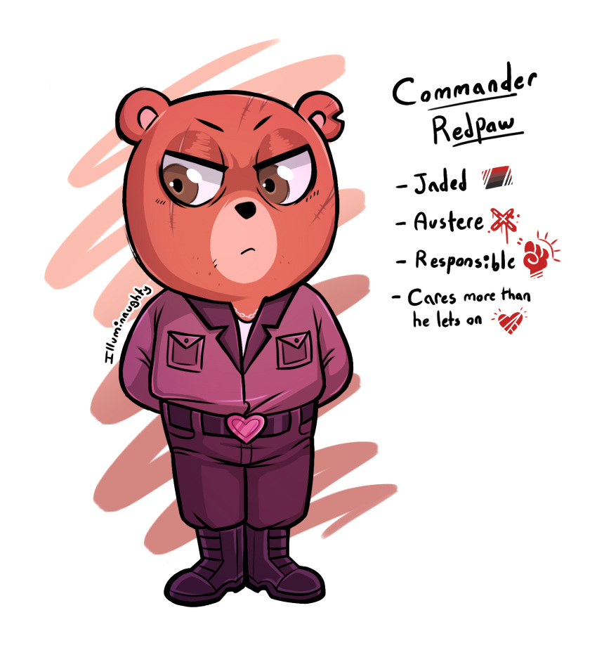 bear belt_buckle boots brown_eyes clothing combat_boots commander_redpaw fan_character footwear fur hi_res illuminaughty male mammal military military_uniform red_body red_fur scar solo stubble teddy_bear_(species) unicorn_wars uniform