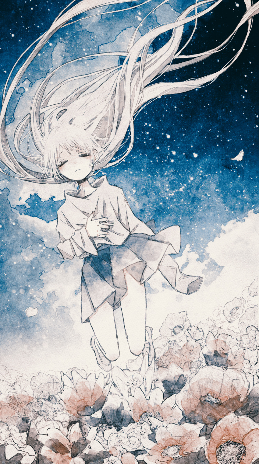1girl absurdres closed_eyes closed_mouth cloud field floating_hair flower flower_field highres long_hair long_sleeves original oseto_(oxxsexxto) painting_(medium) pale_skin petals pleated_skirt shirt skirt sky solo star_(sky) starry_sky traditional_media very_long_hair watercolor_(medium) white_hair