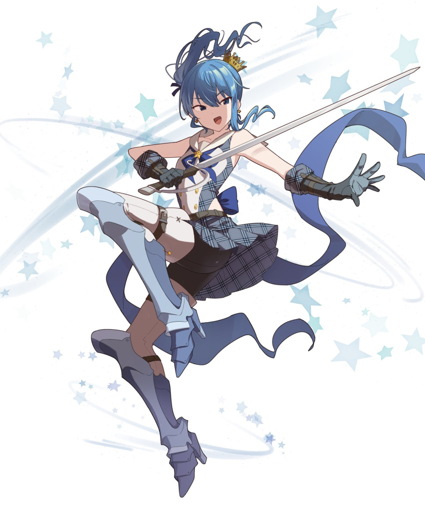 1girl alternate_costume armored_boots asymmetrical_hair black_pants blue_eyes blue_hair blue_ribbon boots breasts buttons coattails commentary crown double-breasted dress earrings floating_hair full_body gloves grey_dress grey_gloves hair_between_eyes high_heel_boots high_heels highres holding holding_sword holding_weapon hololive hoshimachi_suisei jewelry jumping light_blue_hair looking_at_viewer medium_hair mini_crown mozuku_(honida1215) neck_ribbon open_mouth outstretched_arm pants plaid plaid_dress pleated_dress ribbon saber_(weapon) side_ponytail sidelocks simple_background sleeveless sleeveless_dress small_breasts smile solo star_(symbol) star_earrings star_in_eye starry_background sword symbol_in_eye thigh_boots thighhighs tight tight_pants tilted_headwear virtual_youtuber weapon white_background