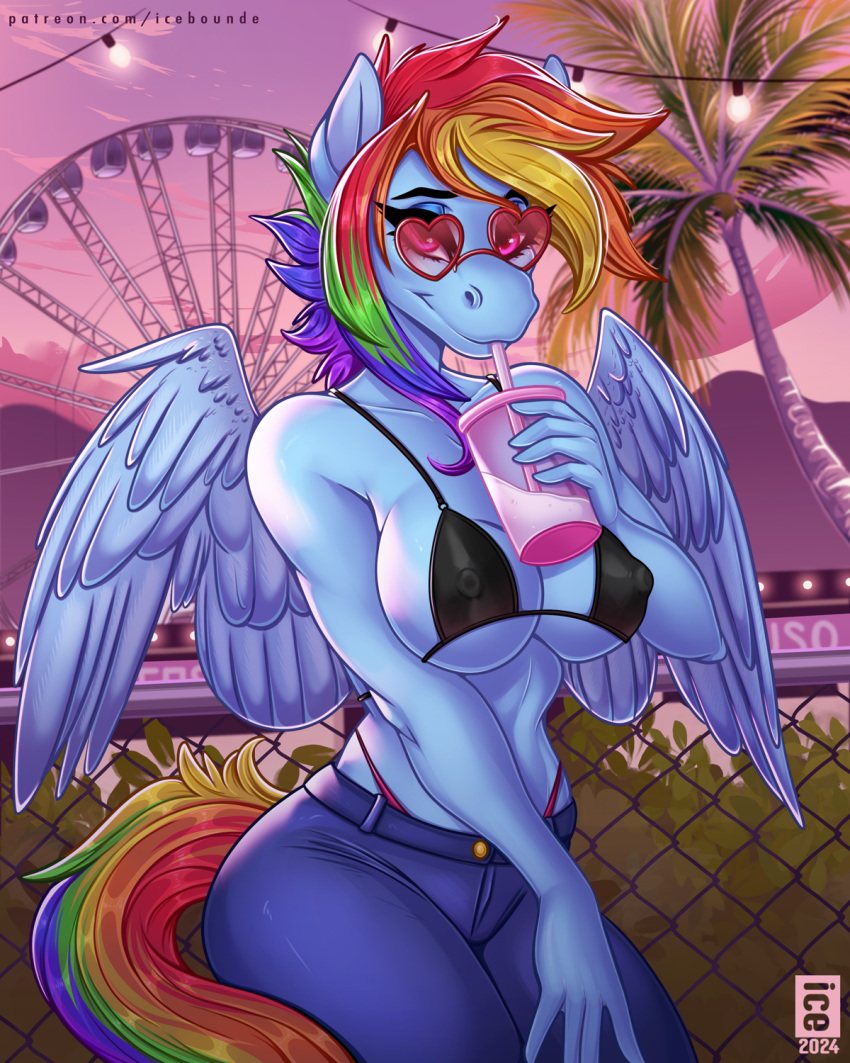 anthro big_breasts blue_body blue_feathers blue_fur breasts clothed clothing cutie_mark equid equine fan_character feathered_wings feathers female festival friendship_is_magic fur hair hasbro hi_res horse icebounde looking_at_viewer mammal multicolored_hair multicolored_tail my_little_pony mythological_creature mythological_equine mythology pegasus pony rainbow_dash_(mlp) rainbow_hair rainbow_tail solo tail wings