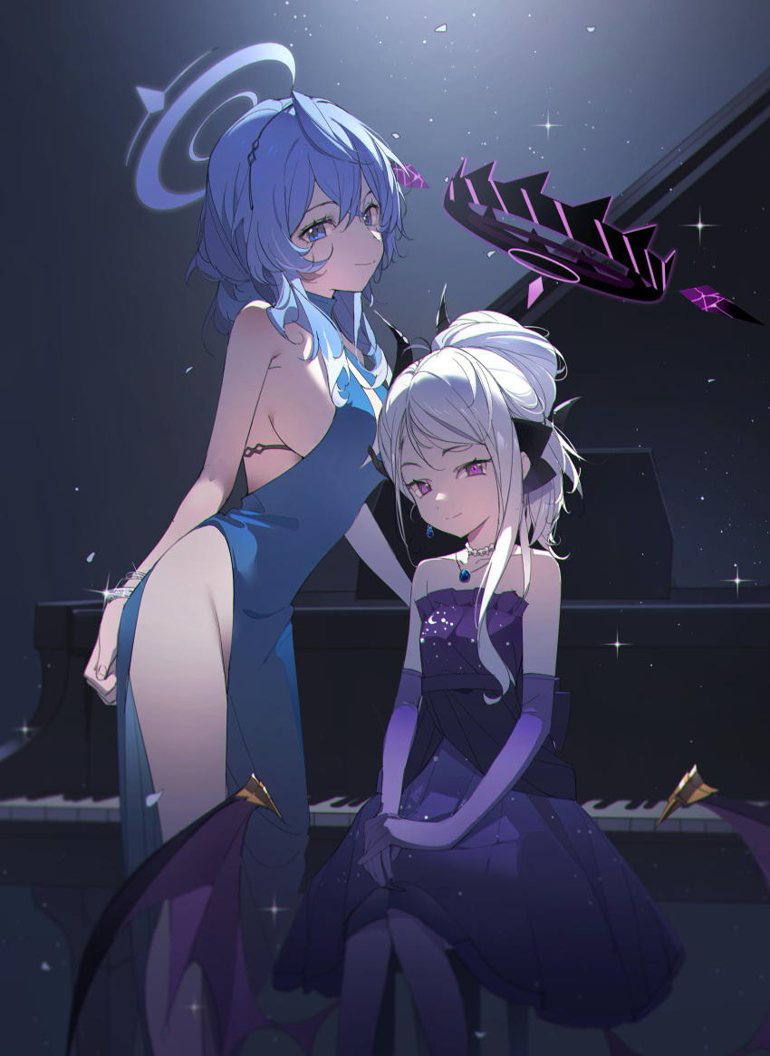 2girls absurdres ako_(blue_archive) ako_(dress)_(blue_archive) bare_shoulders black_halo black_horns blue_archive blue_dress blue_eyes blue_hair blue_halo breasts closed_mouth dress gloves halo highres hina_(blue_archive) hina_(dress)_(blue_archive) horns instrument large_breasts looking_at_viewer low_wings medium_hair multiple_girls nogi_lace official_alternate_costume piano purple_dress purple_eyes purple_gloves purple_wings revision sideboob sideless_dress sideless_outfit sitting smile wings