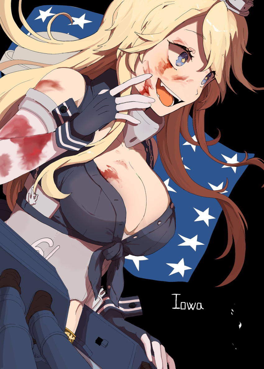 1girl american_flag black_background blonde_hair blood blood_on_face blue_eyes breasts character_name cleavage elbow_gloves fangs flag front-tie_top gloves headgear highres iowa_(kancolle) kantai_collection large_breasts long_hair open_mouth rigging shamomo solo star-shaped_pupils star_(symbol) symbol-shaped_pupils turret very_long_hair