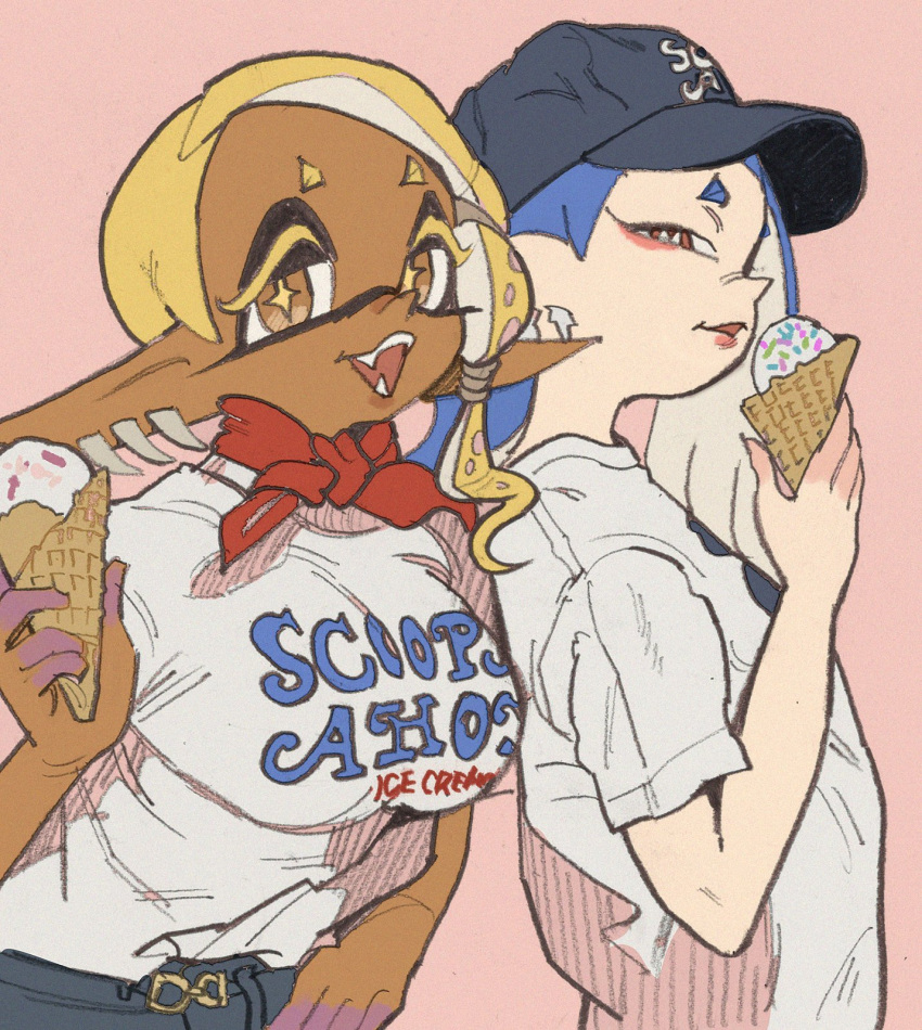 2girls :d baseball_cap blonde_hair blue_hair blue_headwear breasts bright_pupils brown_eyes cephalopod_eyes colored_eyelashes commentary_request dark-skinned_female dark_skin eyelashes food frye_(splatoon) hat highres holding holding_ice_cream_cone ice_cream ice_cream_cone inkling large_breasts long_hair long_pointy_ears looking_at_viewer medium_hair multiple_girls octoling open_mouth pink_background pointy_ears print_shirt red_eyes shirt shiver_(splatoon) simple_background smile splatoon_(series) star-shaped_pupils star_(symbol) symbol-shaped_pupils teeth tentacle_hair thick_eyebrows tooth_earrings white_pupils yellow_pupils yuta_agc