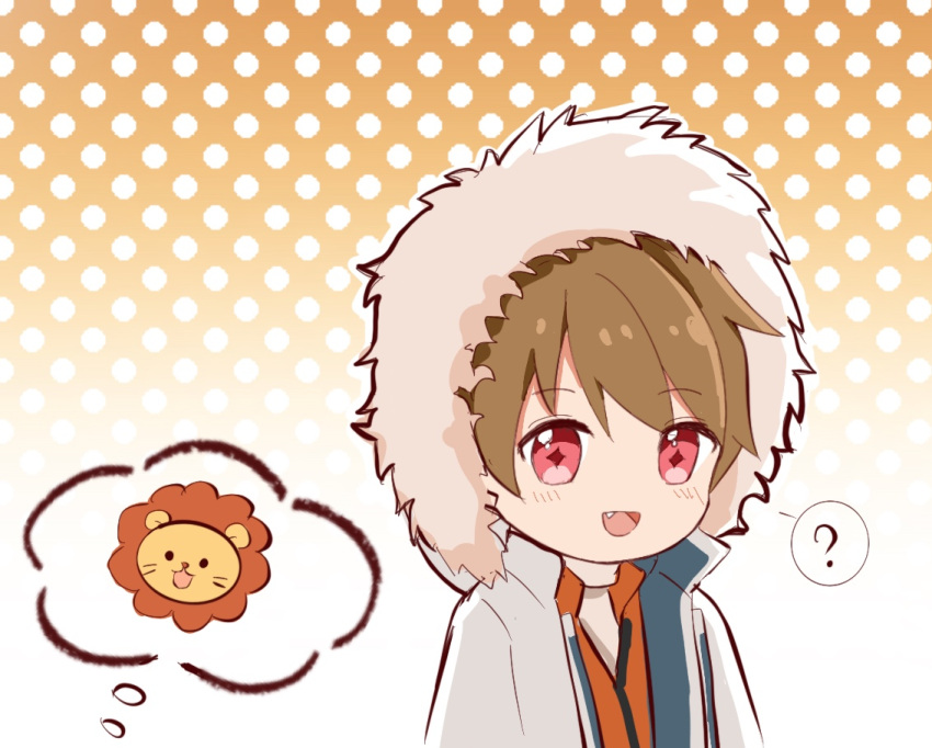 1boy :d ? brown_eyes brown_hair coat fang fur_collar long_sleeves looking_at_viewer lsy0416 luke_pearce_(tears_of_themis) male_focus open_mouth orange_background polka_dot polka_dot_background short_hair smile solo spoken_question_mark tears_of_themis upper_body white_coat winter_clothes winter_coat