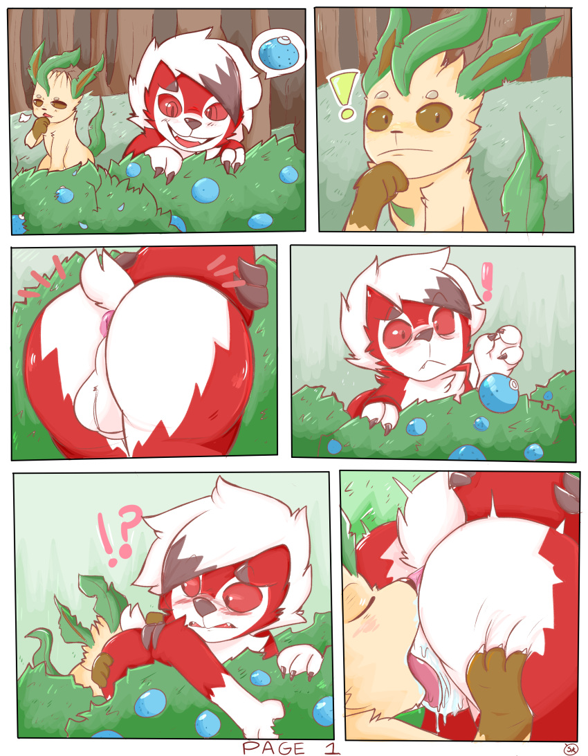 absurd_res ambiguous_gender anthro ball_lick balls bent_over berry butt comic duo eeveelution feral food fruit fur generation_4_pokemon generation_7_pokemon genitals hi_res leafeon licking lycanroc male midnight_lycanroc nintendo nose_to_anus open_mouth oral outside plant pokemon pokemon_(species) presenting presenting_hindquarters red_body red_eyes red_fur sex shrub spicykiwki surprised_expression tan_body tan_fur tongue tongue_out video_games