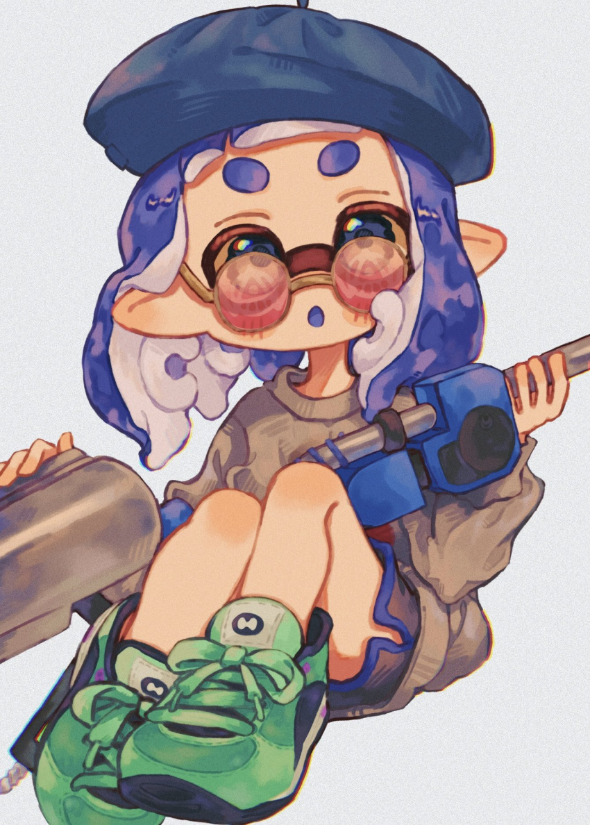 1girl :o black_shorts blue_eyes blue_hair blue_headwear blue_trim commentary_request cross-laced_footwear dolphin_shorts e-liter_4k_(splatoon) full_body green_footwear grey_sweater gun hat highres holding holding_gun holding_weapon inkling inkling_girl inkling_player_character long_hair ochocho2828 pointy_ears red-tinted_eyewear round_eyewear shoes shorts simple_background sitting solo splatoon_(series) splatoon_3 sweater tentacle_hair thick_eyebrows tinted_eyewear weapon white_background yellow-framed_eyewear