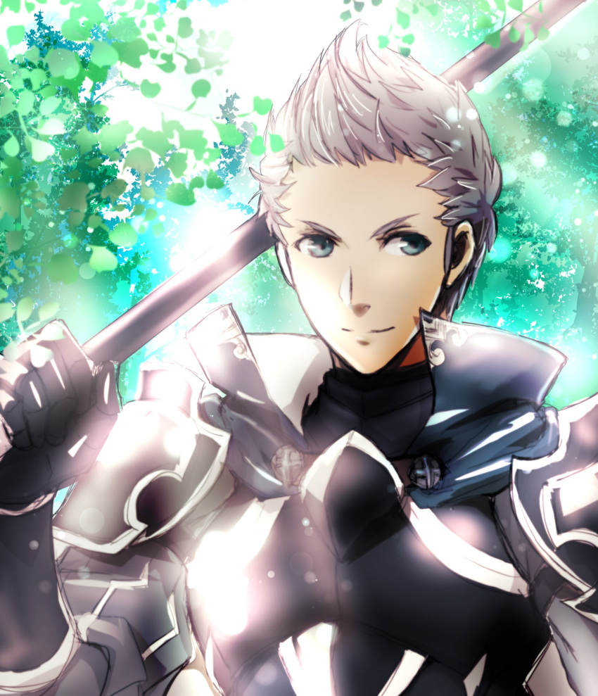 1boy armor black_armor fe_knights fire_emblem fire_emblem_fates green_eyes grey_hair highres holding holding_polearm holding_weapon lance looking_to_the_side male_focus polearm quiff shoulder_armor silas_(fire_emblem) weapon