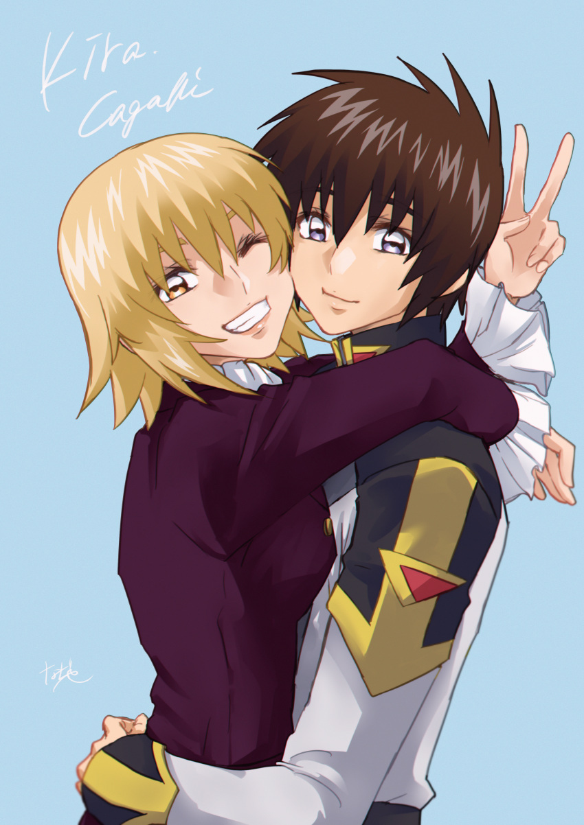 1boy 1girl absurdres arms_around_waist blonde_hair blue_background brother_and_sister brown_hair cagalli_yula_athha character_name gundam gundam_seed gundam_seed_freedom highres hug kira_yamato looking_at_viewer military_uniform nagisa_(nagi7mayn) one_eye_closed pant_suit pants purple_eyes siblings smile suit uniform v yellow_eyes