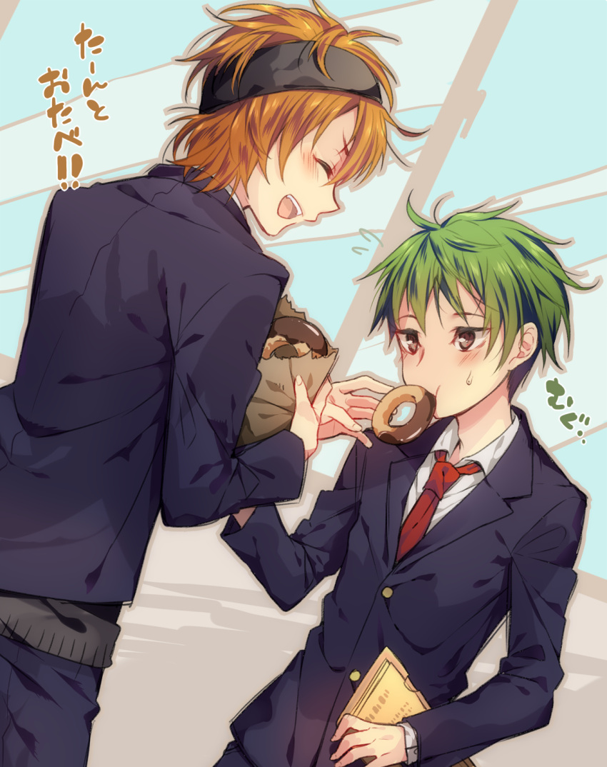 2boys akiyama_hayato bag blazer doughnut eating feeding food food_in_mouth green_hair highres holding holding_food idolmaster idolmaster_side-m jacket male_focus multiple_boys necktie open_mouth orange_hair school_uniform smile sweatband teeth usamata wakazato_haruna