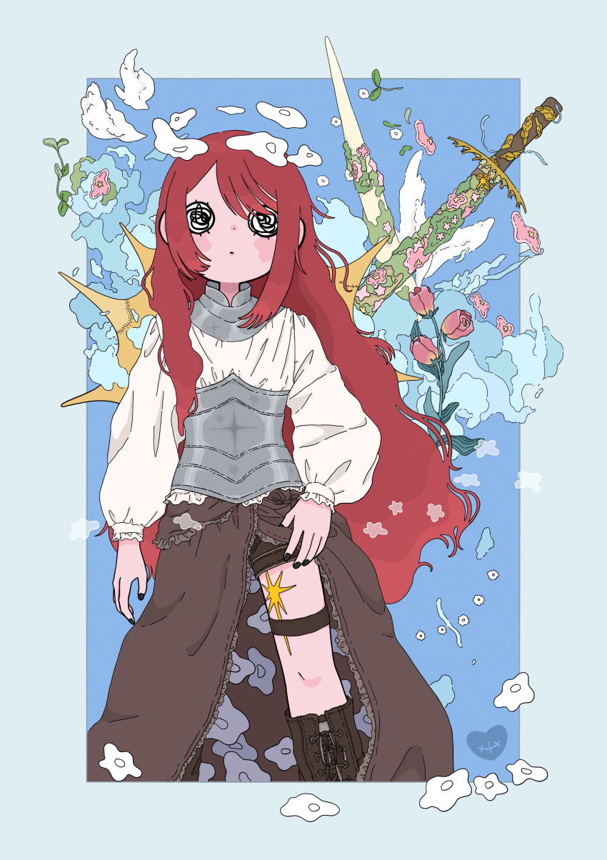 1girl absurdres armor asymmetrical_hair asymmetrical_sidelocks black_nails blue_background blue_border blush_stickers boots border brown_footwear brown_shorts closed_mouth expressionless flower heart highres leaf leg_tattoo long_hair looking_at_viewer meitooso o_o original pink_flower puffy_sleeves red_hair shirt shorts solo sparkle standing swept_bangs sword sword_on_back tattoo thigh_strap weapon weapon_on_back white_flower white_shirt