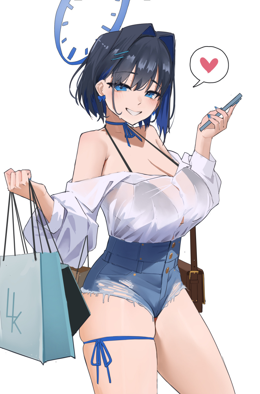 1girl alternate_costume archinoer bag bare_arms bare_shoulders bikini bikini_top_only black_bikini black_bra black_hair blue_eyes blue_hair blue_nails blue_shorts blush bra breasts cleavage colored_inner_hair denim denim_shorts earrings grin hair_intakes hair_ornament hairclip heart high-waist_shorts highres holding holding_phone hololive hololive_english jewelry large_breasts long_sleeves looking_at_viewer multicolored_hair ouro_kronii phone see-through see-through_shirt shirt shopping_bag short_hair short_shorts shorts shoulder_bag simple_background smile solo speech_bubble spoken_heart swimsuit thighs underwear virtual_youtuber wet wet_clothes wet_shirt white_background white_shirt