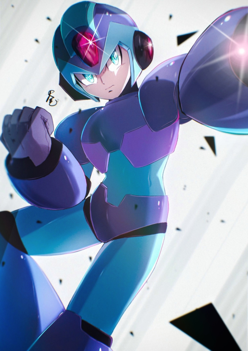 1boy arm_cannon armor blue_armor blue_footwear blue_headwear boots cang_she clenched_hand forehead_jewel glint green_eyes helmet highres mega_man_(series) mega_man_x_(series) shoulder_armor solo weapon white_background x_(mega_man)