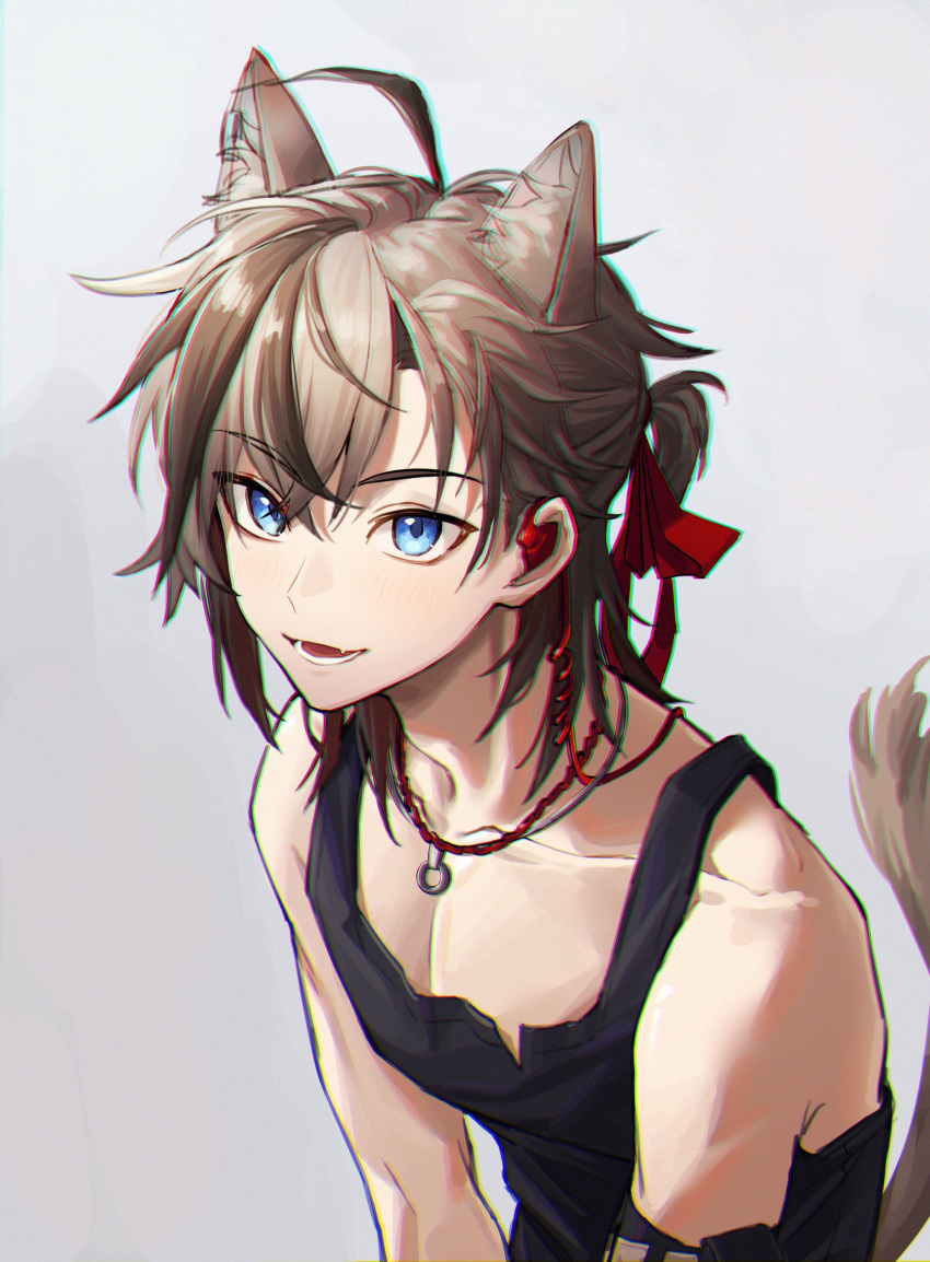 1boy absurdres animal_ears arknights black_hair black_tank_top blue_eyes blush brown_hair cat_boy cat_ears cat_tail cogh0910 earpiece fang grey_background hair_between_eyes hair_ribbon highres looking_at_viewer male_focus multicolored_hair open_mouth ponytail red_ribbon ribbon short_ponytail simple_background solo stainless_(arknights) tail tank_top