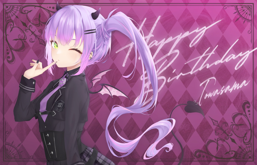 1girl a9_(repainter) absurdres argyle_background black_corset black_horns black_jacket black_nails black_shirt black_tail black_wings blazer blush buttons character_name closed_mouth collared_shirt commentary corset cropped_jacket demon_girl demon_horns demon_tail demon_wings dress_shirt ear_piercing earrings emblem eyelashes finger_to_mouth fingernails green_eyes hair_between_eyes hair_ornament hairclip hand_up happy_birthday highres hololive horns index_finger_raised jacket jewelry lapels long_fingernails long_hair long_sleeves looking_at_viewer mini_wings multicolored_hair nail_polish necktie official_alternate_costume one_eye_closed open_clothes open_jacket piercing pink_hair plaid plaid_skirt ponytail purple_background purple_hair purple_necktie purple_skirt school_uniform shirt side_ponytail sidelocks simple_background skirt sleeve_cuffs solo streaked_hair symbol-only_commentary tail tail_ornament tail_piercing tokoyami_towa tokoyami_towa_(school_uniform) virtual_youtuber wing_collar wings