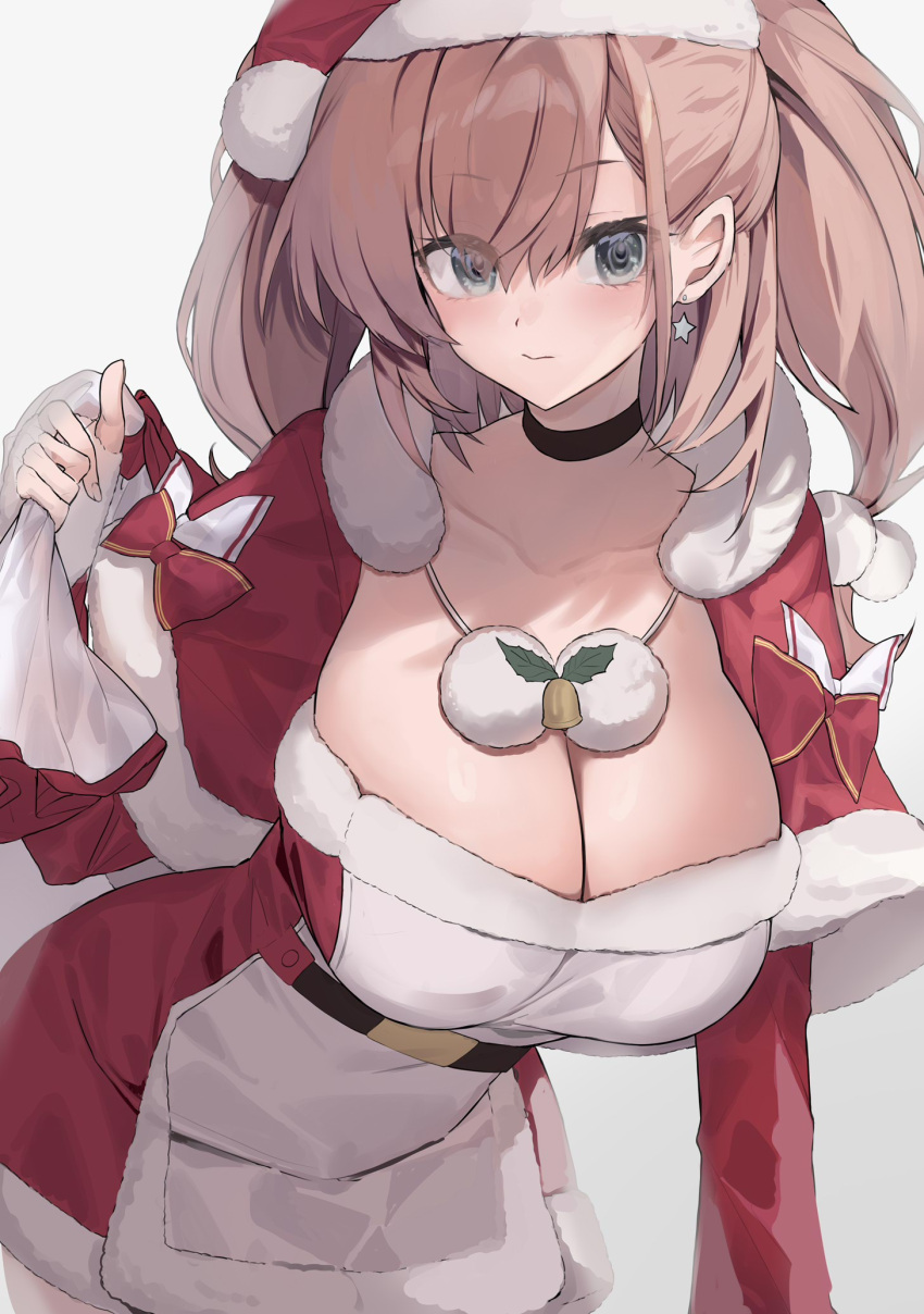 1girl atlanta_(kancolle) black_choker bow breasts brown_hair cape choker christmas cleavage closed_mouth dress fur-trimmed_dress fur_trim grey_background grey_eyes hat highres holding holding_sack kantai_collection large_breasts long_hair long_sleeves looking_at_viewer picoli1313 red_bow red_cape red_dress sack santa_costume santa_hat simple_background solo two_side_up white_bow