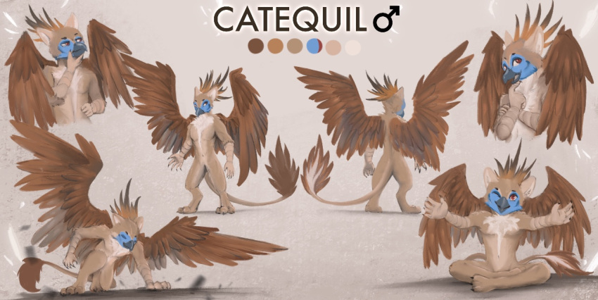 anthro brown_body male model_sheet open_anus simple_background smile stampmats thinking unusual_anatomy unusual_tail wings