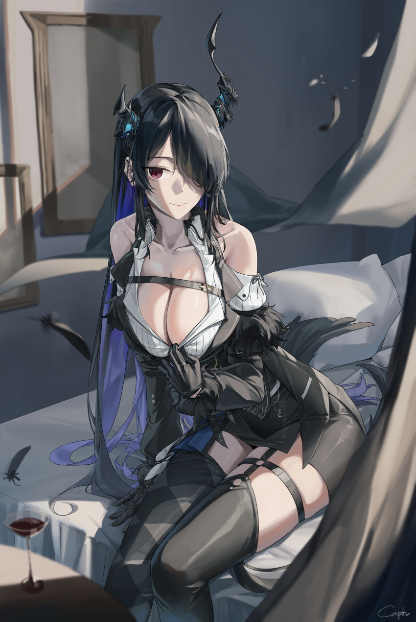 1girl absurdres adapted_costume asymmetrical_horns bare_shoulders black_hair blue_hair blush breasts c_a_p_h cleavage colored_inner_hair demon_horns fur_trim gloves hair_ornament hair_over_one_eye highres hololive hololive_english horns large_breasts long_hair looking_at_viewer mole mole_under_eye multicolored_hair nerissa_ravencroft nerissa_ravencroft_(1st_costume) official_alternate_hairstyle partially_unbuttoned red_eyes smile solo two-tone_hair uneven_horns very_long_hair virtual_youtuber