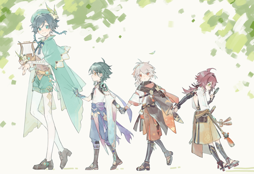 4boys aged_down akzr_12 armor bead_necklace beads black_hair blue_hair braid cape closed_mouth flower genshin_impact gloves green_eyes green_headwear grey_hair hat highres holding holding_hands holding_instrument instrument japanese_armor japanese_clothes jewelry kaedehara_kazuha kote kurokote leaf leaf_print long_sleeves lyre magnifying_glass male_focus multicolored_hair multiple_boys necklace orange_eyes parted_lips ponytail red_eyes red_hair shikanoin_heizou shoes shorts streaked_hair tassel venti_(genshin_impact) vision_(genshin_impact) walking white_flower xiao_(genshin_impact)