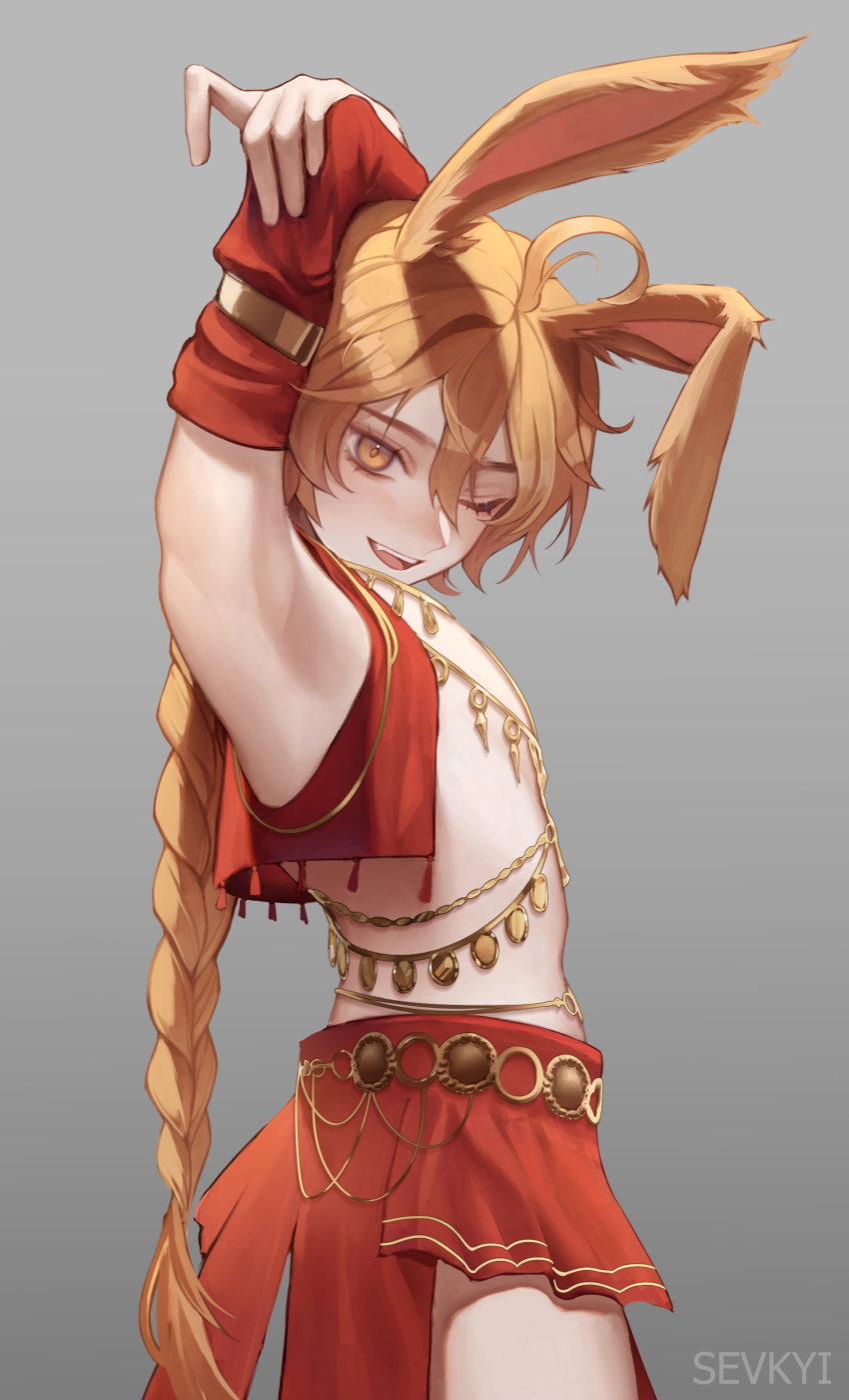 1boy absurdres aether_(genshin_impact) ahoge alternate_costume animal_ears armpits arms_behind_back belly_chain blonde_hair blush braid chain cowboy_shot crossover fang final_fantasy final_fantasy_xiv from_side genshin_impact gold_chain grey_background harem_outfit head_tilt highres holding_own_arm jewelry loincloth long_hair looking_at_viewer looking_to_the_side male_focus one_eye_closed open_mouth rabbit_ears red_vest revealing_clothes sevkyi simple_background single_braid smile solo standing stretching teeth tongue upper_teeth_only vest viera