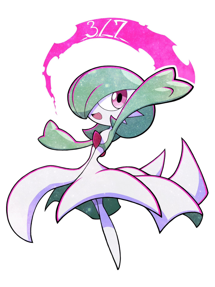 arm_up colored_skin dress envi55109095 gardevoir gardevoir_day green_hair highres multicolored_skin open_mouth pink_eyes pokemon pokemon_(creature) simple_background smile two-tone_skin white_background white_dress white_skin