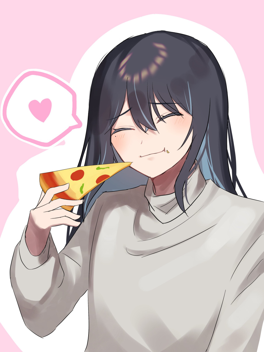 1girl ^_^ absurdres ado_(utaite) black_hair blue_hair chando_(ado) closed_eyes closed_mouth cloud_nine_inc colored_inner_hair commentary eating food food_on_face grey_sweater hair_between_eyes hashtag_only_commentary heart highres long_hair mole mole_under_eye multicolored_hair outline pink_background pizza sidelocks simple_background solo spoken_heart sweater tsukuno_tsuki upper_body utaite white_outline