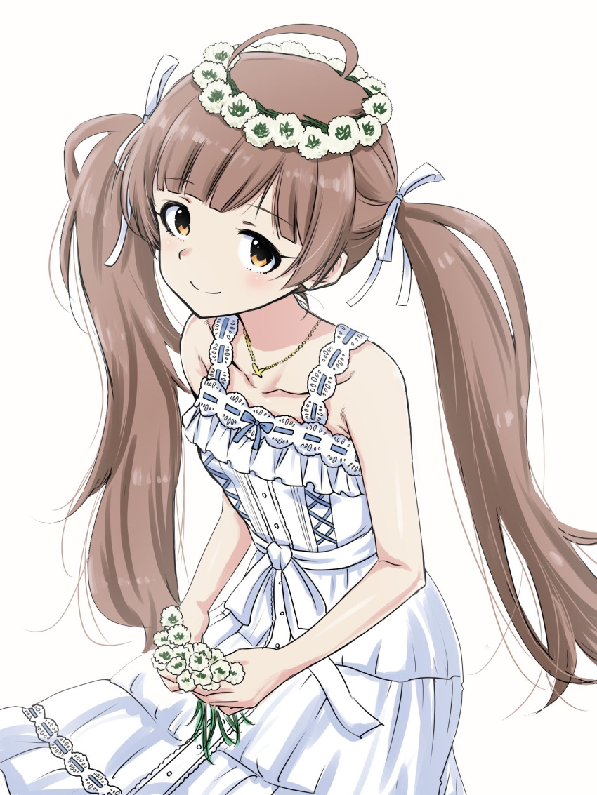 1girl bare_shoulders blush breasts brown_eyes brown_hair closed_mouth collarbone cowboy_shot dot_nose dress eyelashes flower hair_ribbon hakozaki_serika head_wreath highres holding holding_flower idolmaster idolmaster_million_live! idolmaster_million_live!_theater_days jewelry light_smile long_hair looking_at_viewer matcha_kingyo necklace parted_bangs ribbon sleeveless sleeveless_dress small_breasts solo sundress twintails very_long_hair white_dress white_flower white_ribbon
